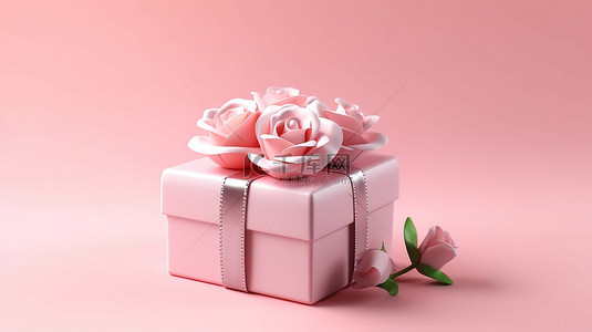 浪漫的情人节礼品盒，柔和的粉红色背景上有玫瑰，采用 3D 渲染创建