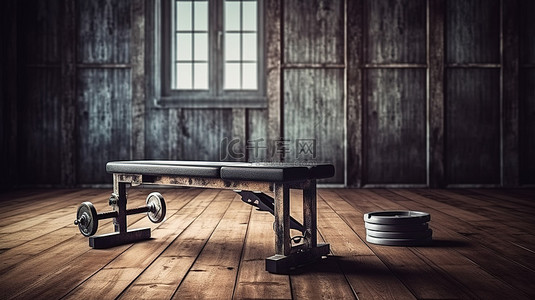 木地板上的老式快照健身长凳和健身装备 3D 渲染