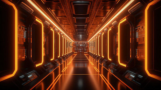 科技背景暗背景图片_科幻插图霓虹橙色宇宙飞船走廊在黑色背景下以 3D 渲染发光