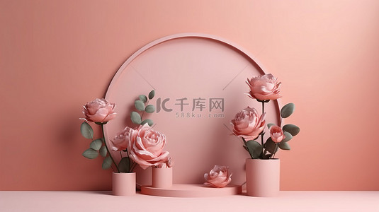 玫瑰装饰背景的 3D 渲染，用于在自然美景讲台上展示产品