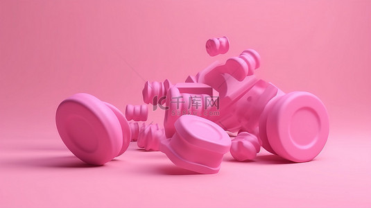 令人惊叹的 3D 渲染健康生活方式粉红色哑铃漂浮在体操垫上的空气中