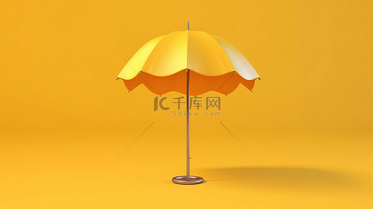 度假胜地背景图片_黄色背景下的简单沙滩伞，代表 3D 呈现的沿海度假胜地