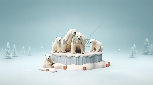 节日乐趣圣诞老人和北极熊通过产品演示 3D 渲染庆祝圣诞节