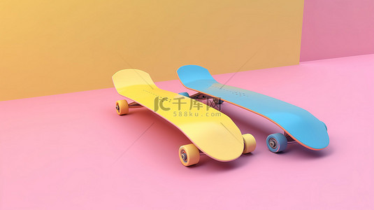 带有黄色和蓝色 3d 渲染滑板的浅粉色背景