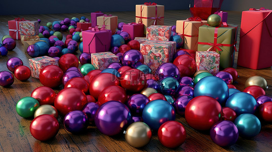 节日 3D 圣诞节和新年庆祝活动，配有礼品盒丝带和闪闪发光的球