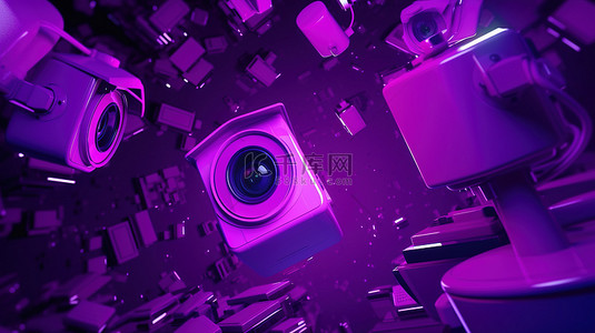 霓虹灯紫色发光 3D 插图中破碎的闭路电视摄像机