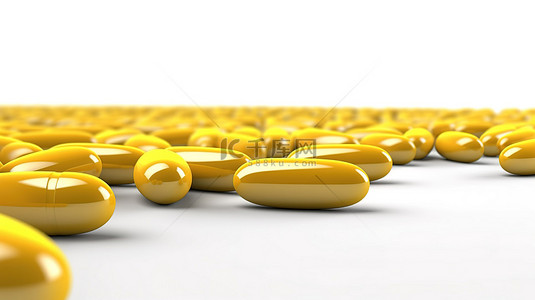 白色背景上均匀排列的黄色药丸的 3D 插图