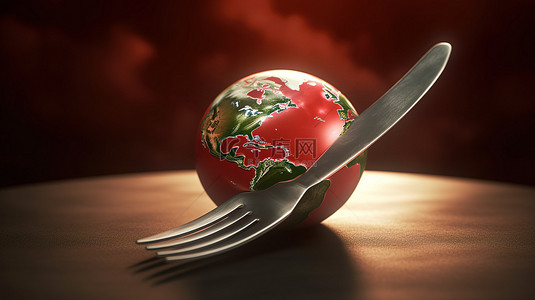 全球粮食短缺象征地球危机的红叉和刀3D渲染