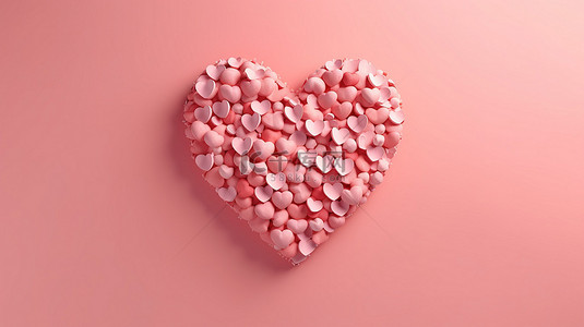 柔和的粉红色背景，小心形成象征爱情的心形 3D 渲染