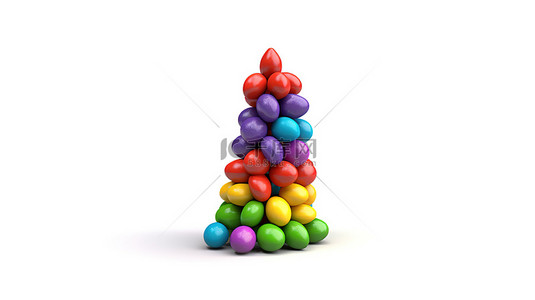 白色背景上彩色彩虹糖果的 3D 插图，带有感叹号，具有节日效果