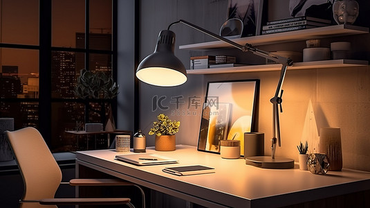 办公桌椅简笔画背景图片_时尚的家庭办公室，配有台灯 3D 渲染照明的电脑模型