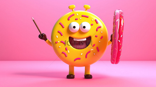 3d 黄色背景上带有射箭目标和靶心飞镖的巨型粉红色釉面甜甜圈