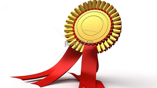 花环奖杯背景图片_闪闪发光的金色奖杯，带有玫瑰花结丝带和 3D 创建的白色背景上的获胜者徽章