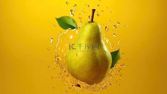 黄色背景上溅水的梨的 3D 插图