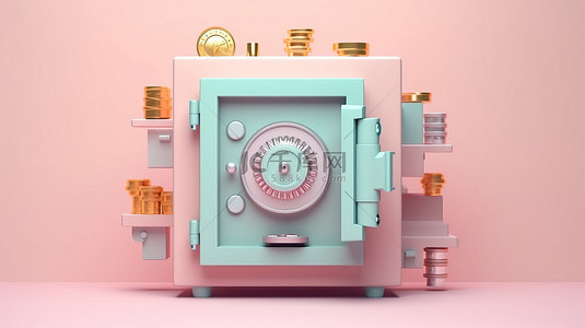 3D 渲染的保险箱，用于省钱，安全隐私和货币的柔和而简约的插图