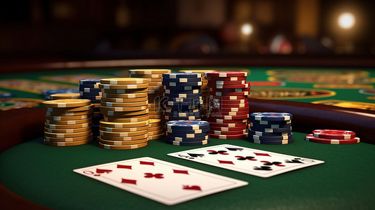 扑克牌桌子背景图片_二十一点牌桌的详细视图，其中包含以 3D 渲染的牌和筹码