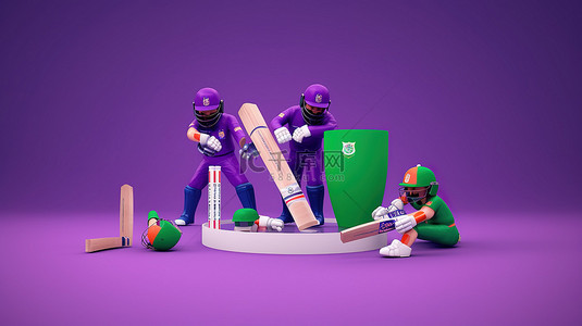 体育场比赛背景图片_纳米比亚 vs 爱尔兰板球队在比赛装备和紫色背景下的 3D 图像