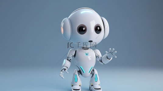 一个可爱的人工智能机器人与卡通人物问候的动画 3D 插图