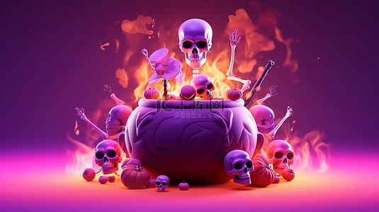 骨头卡通背景图片_怪异的万圣节场景坟墓骨头头骨女巫大锅灯笼和漂浮在紫色 3D 背景上的鬼魂