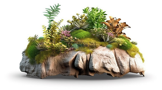 景园林景观背景图片_岩石切口坐落在郁郁葱葱的绿树之中，非常适合景观设计，并提供剪贴蒙版，可定制选项 3D 渲染