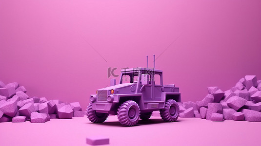 玩具快乐背景图片_粉红色房间的 3D 渲染，配有学龄前儿童的紫色军用地形车玩具