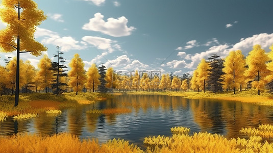 湖泊和草地背景图片_黄色树木和草地的 3D 渲染，风景优美的湖泊和天空