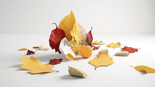 秋天颜色的各种 3D 形状，带有清晰的白色背景，用于产品展示