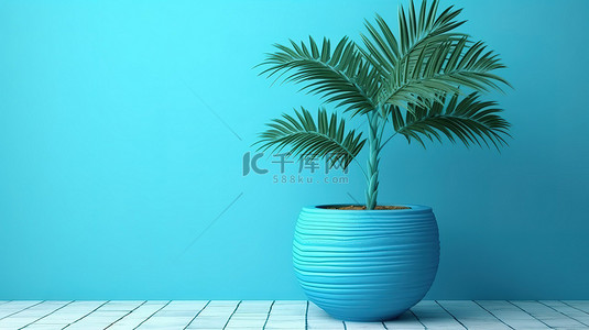 绿叶小背景图片_蓝色艺术背景，盆中有一棵 3D 渲染的棕榈树