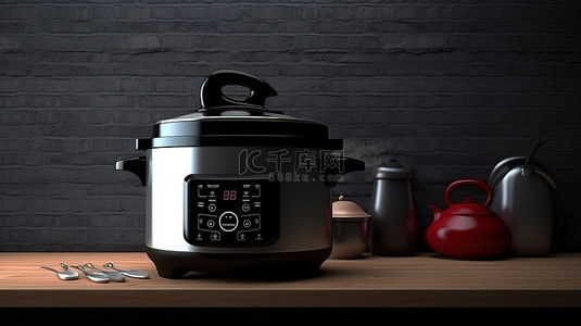 炊具背景背景图片_时尚的电动多功能炊具在木桌上展示，以黑色瓷砖背景为 3D 概念