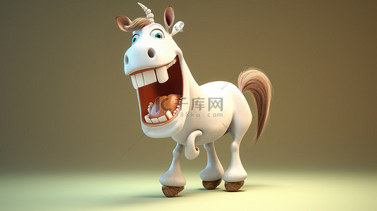 搞笑的 3D 马雕像，手里拿着一颗巨大的牙齿