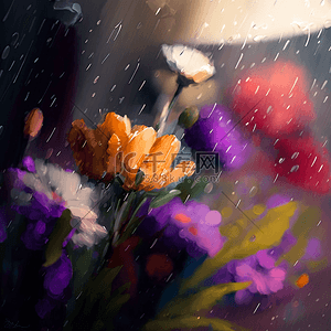 花朵雨中的鲜花油画花卉背景