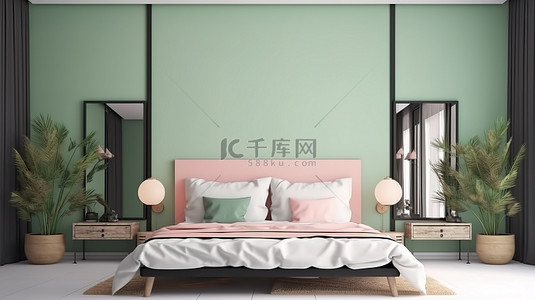 房屋元素背景图片_时尚的卧室设计 3D 渲染与家具 d cor 和照明元素