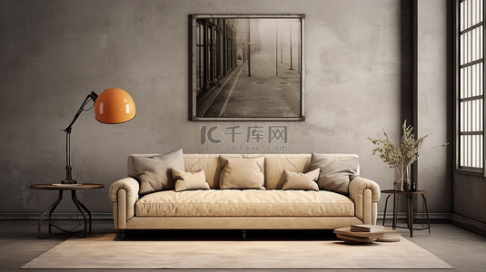 现代复古客厅可视化米色沙发与宽敞的灰色墙壁相得益彰
