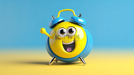 手表背景背景图片_一个欢快的闹钟吉祥物的 3D 渲染，在充满活力的黄色背景上运动着蓝色的健身追踪器