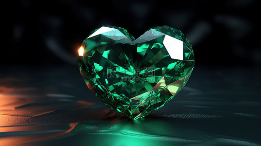 爱情绿背景图片_心形祖母绿宝石的 3D 渲染