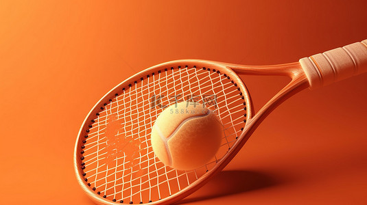 橙色背景，带有网球拍和球的 3D 渲染