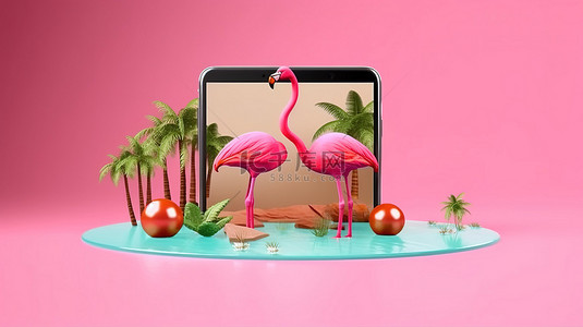 火烈鸟漂浮物的 3D 插图，带有复制空间，非常适合通过智能手机在线预订暑假