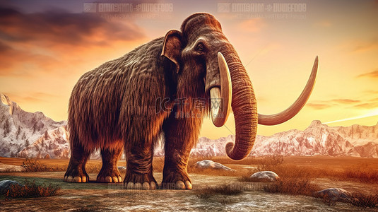 野生的背景图片_3d 渲染猛犸象的日落剪影