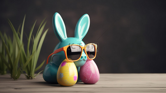 3D 插图复活节兔子有耳蛋戴着太阳镜，有复制空间