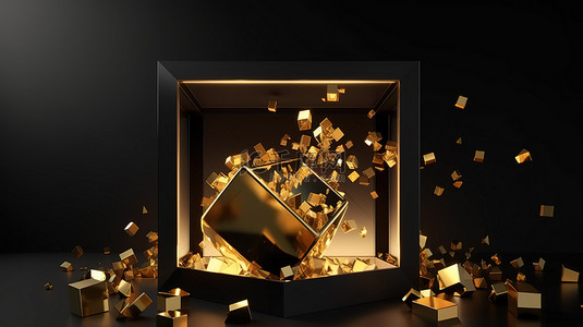 围绕开放式礼物盒的豪华几何元素，3D 渲染概念内有空白空间