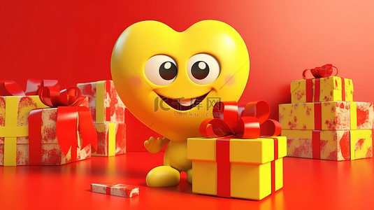 3D 渲染的红心吉祥物，拿着一个礼盒，礼盒上有一条红丝带，背景是充满活力的黄色