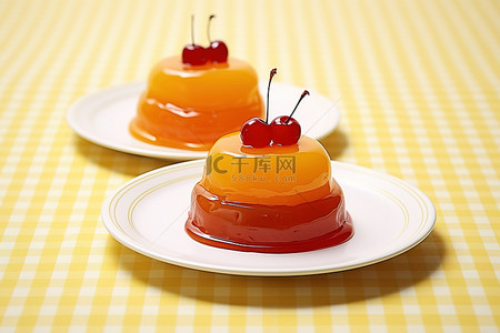 两个盘子，上面装饰着樱桃和橙子果冻