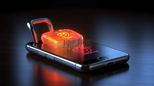 带有挂锁和密码字段的屏蔽手机的 3D 渲染，用于保护个人数据