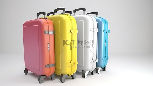 白色背景下的彩色行李箱和背包 3D 渲染