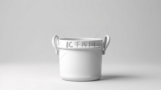 在白色背景上以 3D 渲染呈现的粘土风格白色桶，手柄为空形式