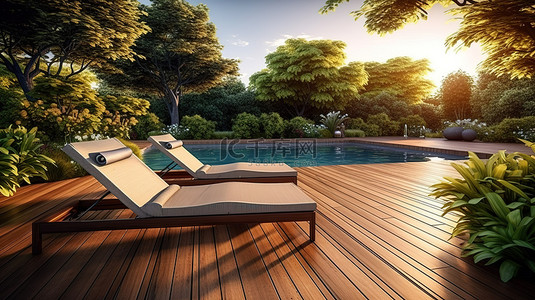 时尚花园的 3D 渲染，配有躺椅游泳池和木甲板