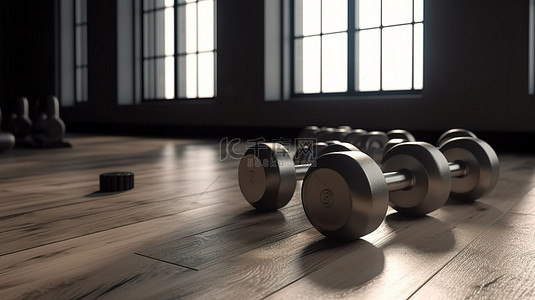 健身室概念木地板，配有哑铃和 3D 渲染训练设备