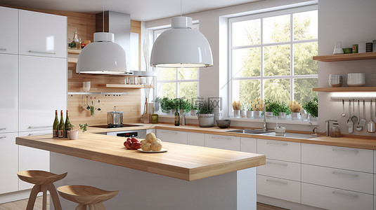 迷人的斯堪的纳维亚风格白色厨房，配有硬木酒吧顶部吊灯和角落设计的3D渲染罩