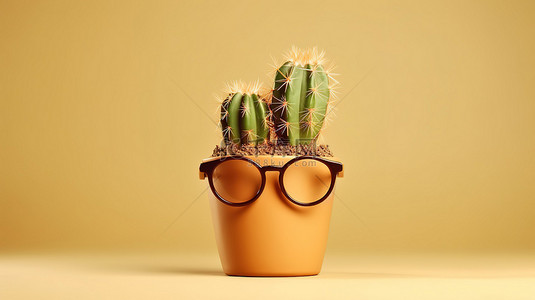 盆栽背景背景图片_戴着 3D 眼镜的仙人掌坐落在中性米色背景的盆中