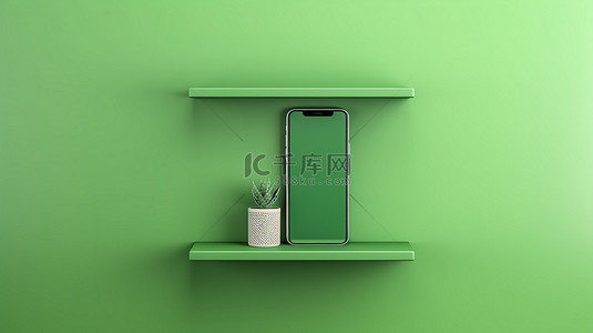 绿色墙架上显示的水平横幅插图现代手机